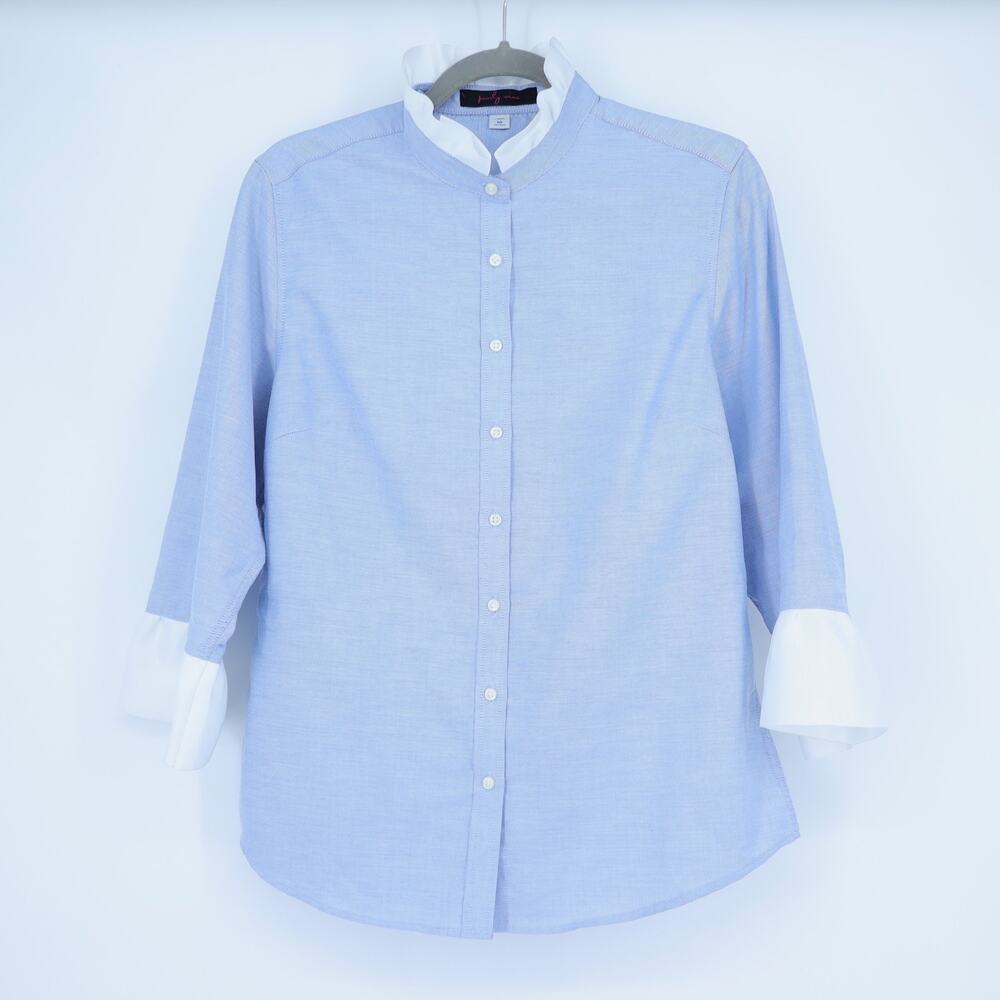 PEARLY VINE Ellie Ruffled Oxford Blouse Blue and White 3/4 Sleeve Women's M